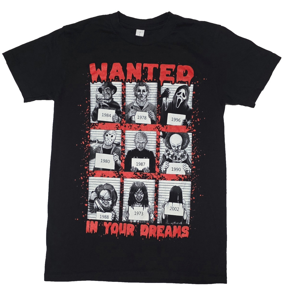 Horror Halloween Movie Villains Mugshot T-Shirt - Wanted In Your Dreams- Size S
